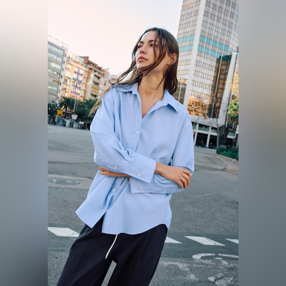 NWOT Zara Sky Blue Casual Button Down Shirt - Picture 9 of 13